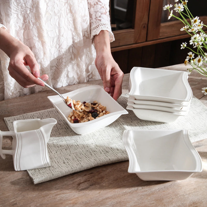 Axya™ 6-piece Flora White Porcelain Square Soup Cereal Bowls Dinnerware Bowl Set