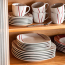 Axyaa Felisa 30-Piece Porcelain Dinner Set in Red Stripes and Ivory White